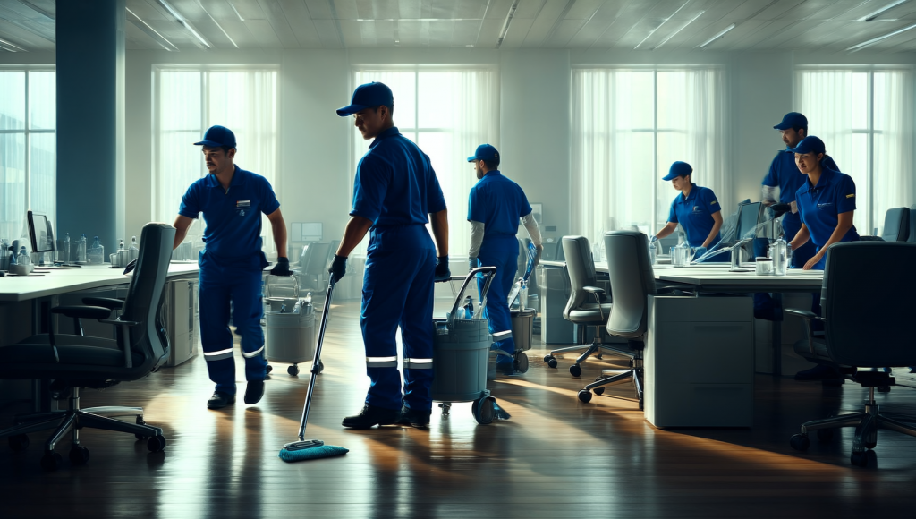 Professional commercial cleaning team working in modern office building
