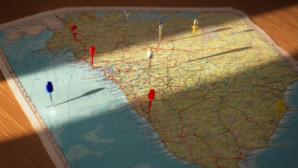 Sales territory optimization map with location pins